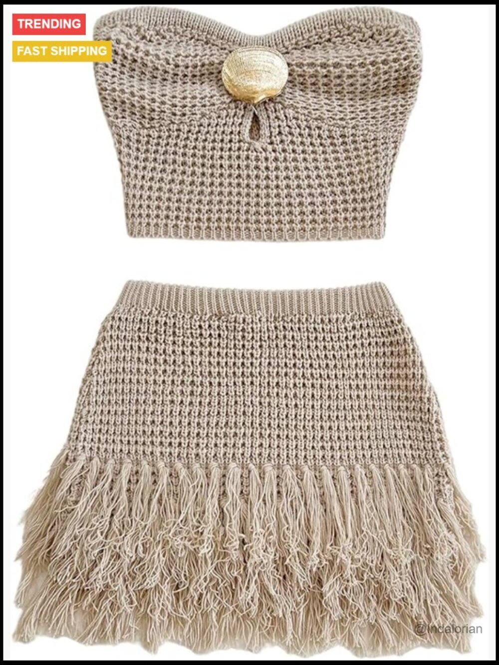Crochet Strapless Crop Tube Top and Fringe Mini Skirt Set 2 Piece Summer Outfit